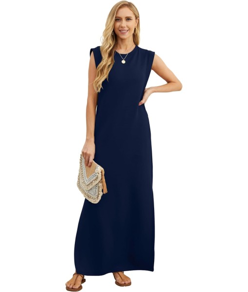GRECERELLE 2025 Women Year-Round Casual Round Neck Loose Split Wrinkle-Free Long Maxi Vacation Dress with Pockets (XS-3XL)