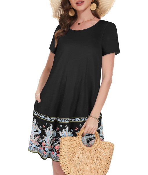 Summer Dresses for Women Casual Tshirt Short Sleeve Floral Sundress Beach Cover Ups with Pockets