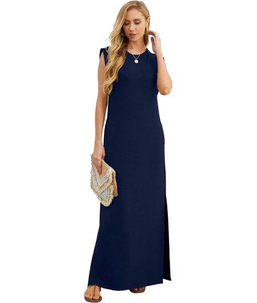 GRECERELLE 2025 Women Year-Round Casual Round Neck Loose Split Wrinkle-Free Long Maxi Vacation Dress with Pockets (XS-3XL)