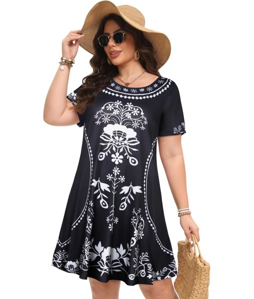 Summer Dresses for Women Casual Tshirt Short Sleeve Floral Sundress Beach Cover Ups with Pockets