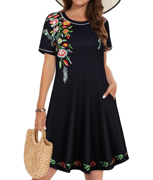 Summer Dresses for Women Casual Tshirt Short Sleeve Floral Sundress Beach Cover Ups with Pockets