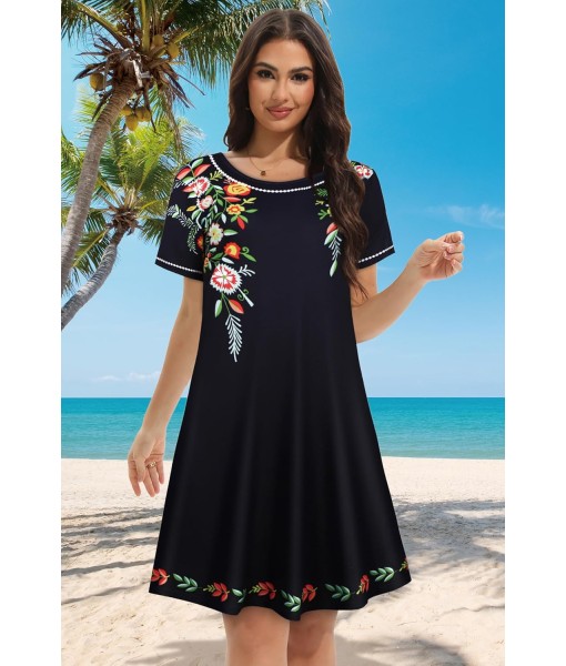 Summer Dresses for Women Casual Tshirt Short Sleeve Floral Sundress Beach Cover Ups with Pockets