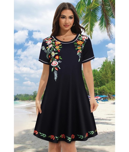 Summer Dresses for Women Casual Tshirt Short Sleeve Floral Sundress Beach Cover Ups with Pockets