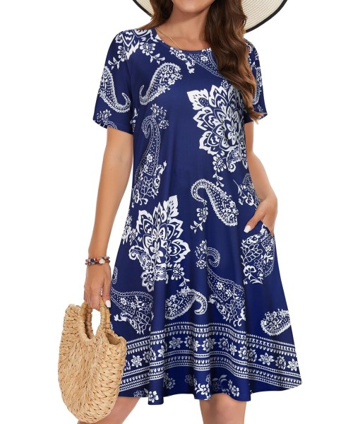 Summer Dresses for Women Casual Tshirt Short Sleeve Floral Sundress Beach Cover Ups with Pockets