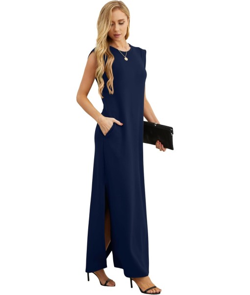 GRECERELLE 2025 Women Year-Round Casual Round Neck Loose Split Wrinkle-Free Long Maxi Vacation Dress with Pockets (XS-3XL)