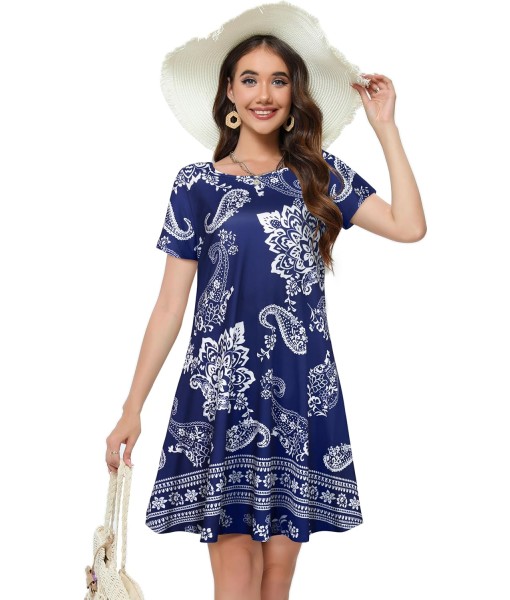 Summer Dresses for Women Casual Tshirt Short Sleeve Floral Sundress Beach Cover Ups with Pockets