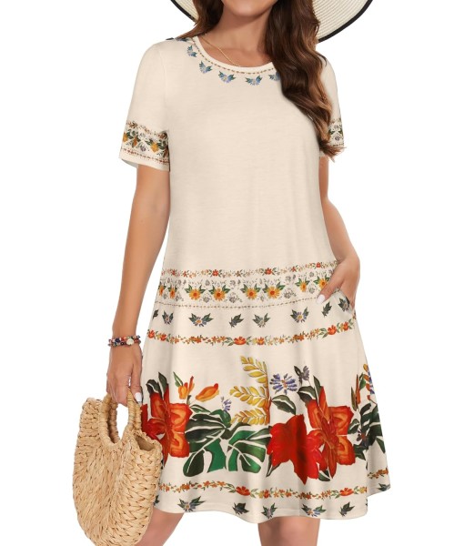 Summer Dresses for Women Casual Tshirt Short Sleeve Floral Sundress Beach Cover Ups with Pockets