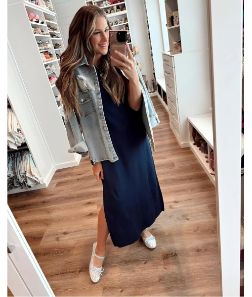 GRECERELLE 2025 Women Year-Round Casual Round Neck Loose Split Wrinkle-Free Long Maxi Vacation Dress with Pockets (XS-3XL)