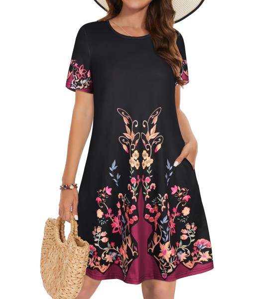 Summer Dresses for Women Casual Tshirt Short Sleeve Floral Sundress Beach Cover Ups with Pockets