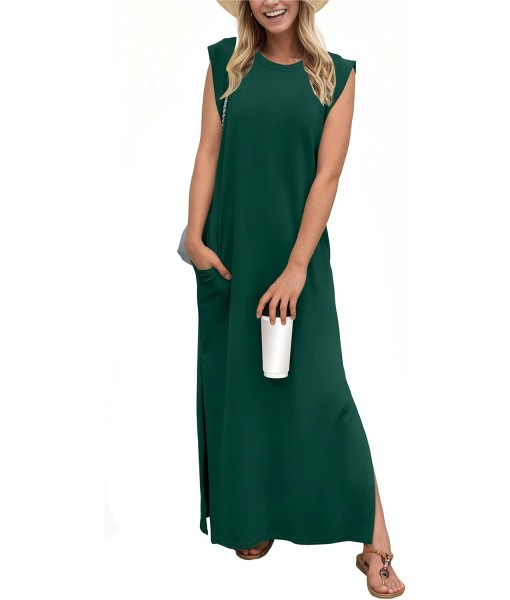 GRECERELLE 2025 Women Year-Round Casual Round Neck Loose Split Wrinkle-Free Long Maxi Vacation Dress with Pockets (XS-3XL)