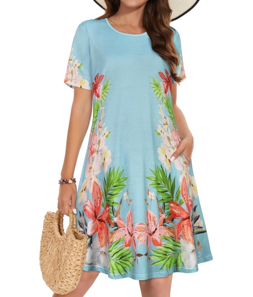 Summer Dresses for Women Casual Tshirt Short Sleeve Floral Sundress Beach Cover Ups with Pockets