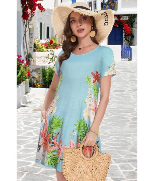 Summer Dresses for Women Casual Tshirt Short Sleeve Floral Sundress Beach Cover Ups with Pockets