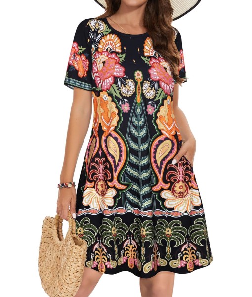 Summer Dresses for Women Casual Tshirt Short Sleeve Floral Sundress Beach Cover Ups with Pockets
