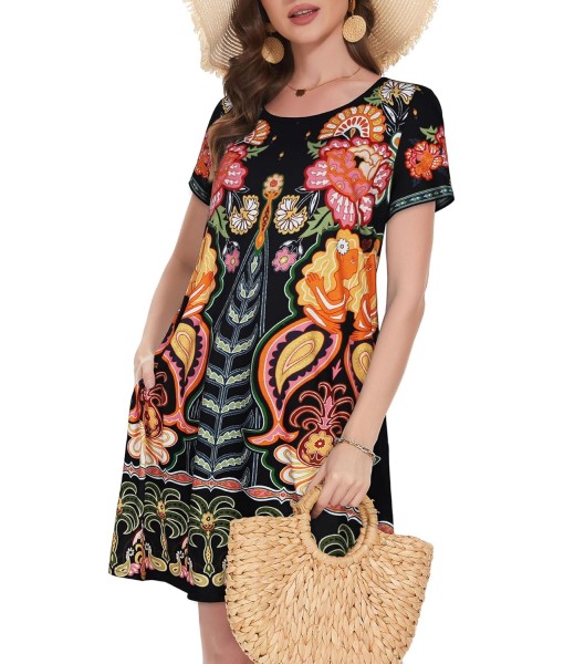 Summer Dresses for Women Casual Tshirt Short Sleeve Floral Sundress Beach Cover Ups with Pockets