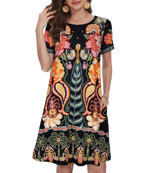 Summer Dresses for Women Casual Tshirt Short Sleeve Floral Sundress Beach Cover Ups with Pockets