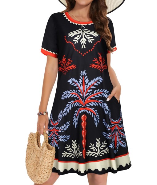 Summer Dresses for Women Casual Tshirt Short Sleeve Floral Sundress Beach Cover Ups with Pockets