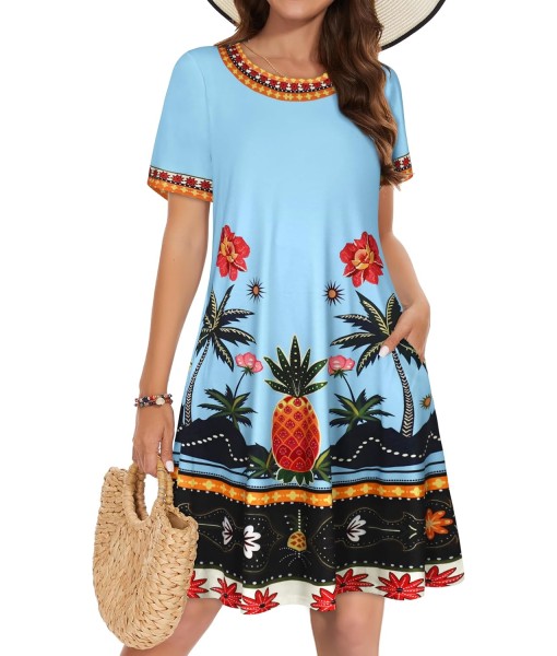 Summer Dresses for Women Casual Tshirt Short Sleeve Floral Sundress Beach Cover Ups with Pockets