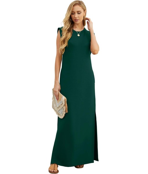 GRECERELLE 2025 Women Year-Round Casual Round Neck Loose Split Wrinkle-Free Long Maxi Vacation Dress with Pockets (XS-3XL)