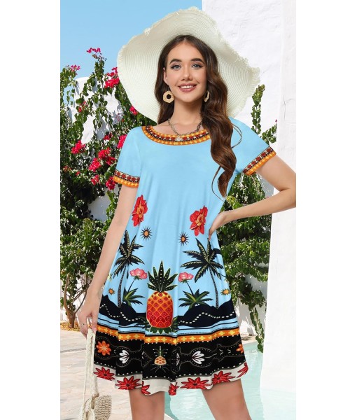 Summer Dresses for Women Casual Tshirt Short Sleeve Floral Sundress Beach Cover Ups with Pockets