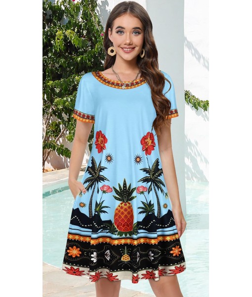 Summer Dresses for Women Casual Tshirt Short Sleeve Floral Sundress Beach Cover Ups with Pockets