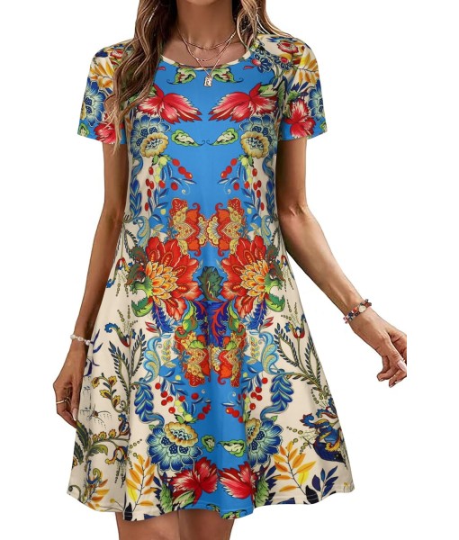 Summer Dresses for Women Casual Tshirt Short Sleeve Floral Sundress Beach Cover Ups with Pockets