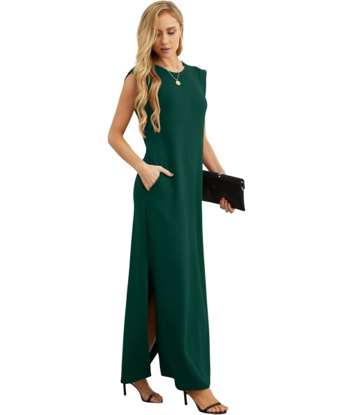 GRECERELLE 2025 Women Year-Round Casual Round Neck Loose Split Wrinkle-Free Long Maxi Vacation Dress with Pockets (XS-3XL)