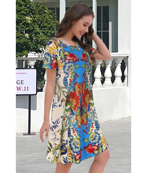 Summer Dresses for Women Casual Tshirt Short Sleeve Floral Sundress Beach Cover Ups with Pockets