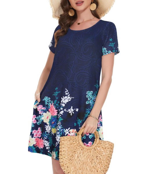 Summer Dresses for Women Casual Tshirt Short Sleeve Floral Sundress Beach Cover Ups with Pockets