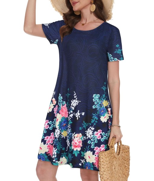Summer Dresses for Women Casual Tshirt Short Sleeve Floral Sundress Beach Cover Ups with Pockets