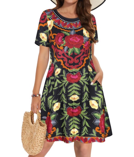 Summer Dresses for Women Casual Tshirt Short Sleeve Floral Sundress Beach Cover Ups with Pockets