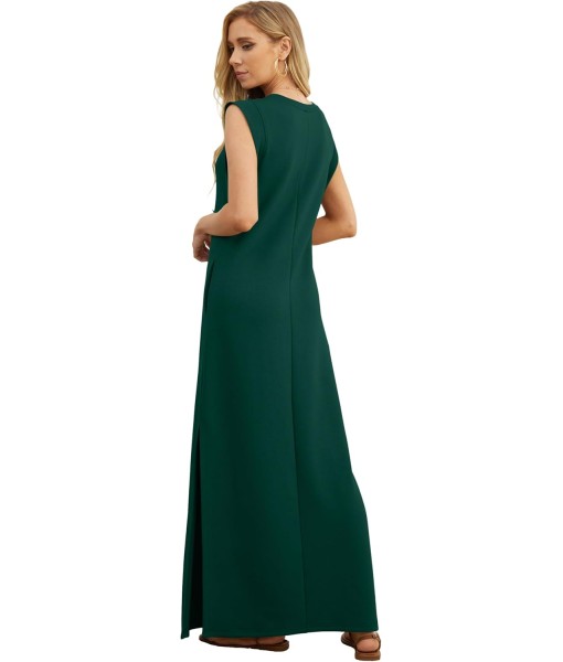 GRECERELLE 2025 Women Year-Round Casual Round Neck Loose Split Wrinkle-Free Long Maxi Vacation Dress with Pockets (XS-3XL)
