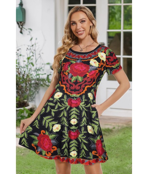 Summer Dresses for Women Casual Tshirt Short Sleeve Floral Sundress Beach Cover Ups with Pockets