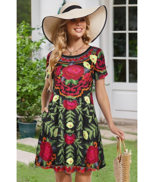 Summer Dresses for Women Casual Tshirt Short Sleeve Floral Sundress Beach Cover Ups with Pockets