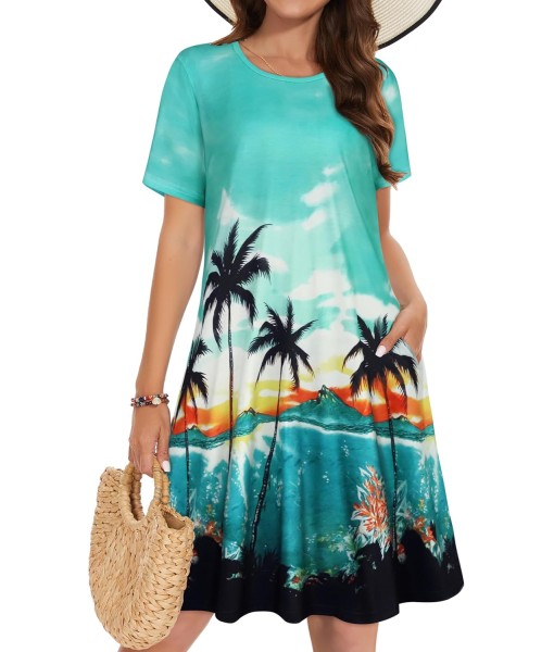 Summer Dresses for Women Casual Tshirt Short Sleeve Floral Sundress Beach Cover Ups with Pockets