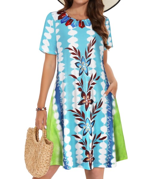 Summer Dresses for Women Casual Tshirt Short Sleeve Floral Sundress Beach Cover Ups with Pockets