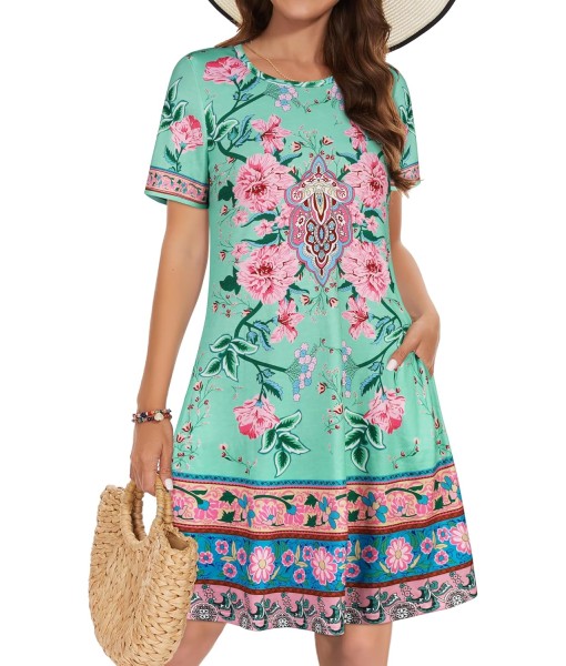 Summer Dresses for Women Casual Tshirt Short Sleeve Floral Sundress Beach Cover Ups with Pockets