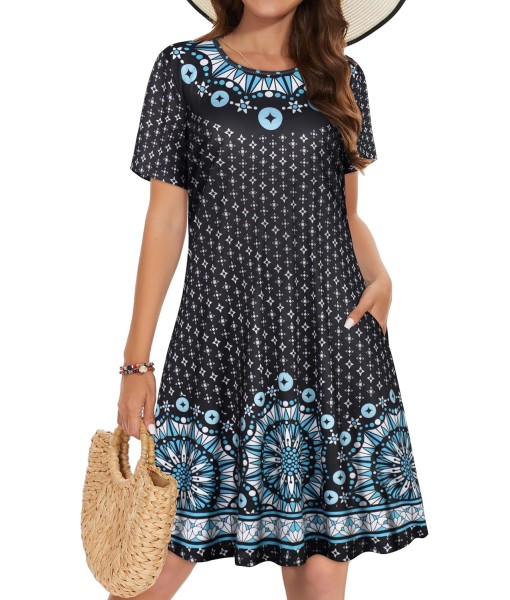 Summer Dresses for Women Casual Tshirt Short Sleeve Floral Sundress Beach Cover Ups with Pockets
