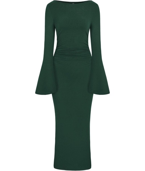 PRETTYGARDEN Maxi Dresses for Women 2025 Elegant Classy Fall Long Bell Sleeve Ruched Bodycon Fitted Cocktail Party Slit Dress