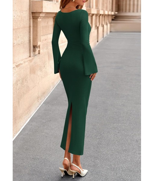 PRETTYGARDEN Maxi Dresses for Women 2025 Elegant Classy Fall Long Bell Sleeve Ruched Bodycon Fitted Cocktail Party Slit Dress