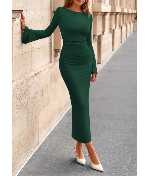 PRETTYGARDEN Maxi Dresses for Women 2025 Elegant Classy Fall Long Bell Sleeve Ruched Bodycon Fitted Cocktail Party Slit Dress