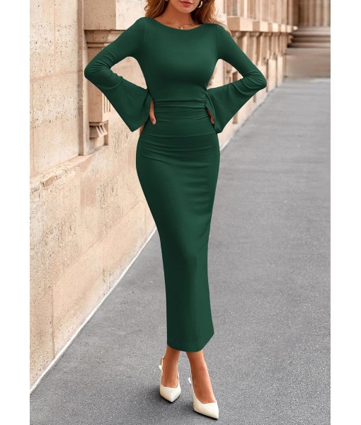 PRETTYGARDEN Maxi Dresses for Women 2025 Elegant Classy Fall Long Bell Sleeve Ruched Bodycon Fitted Cocktail Party Slit Dress