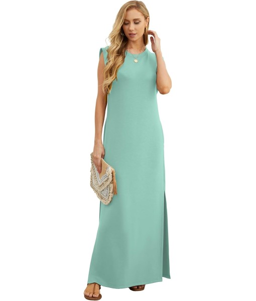 GRECERELLE 2025 Women Year-Round Casual Round Neck Loose Split Wrinkle-Free Long Maxi Vacation Dress with Pockets (XS-3XL)
