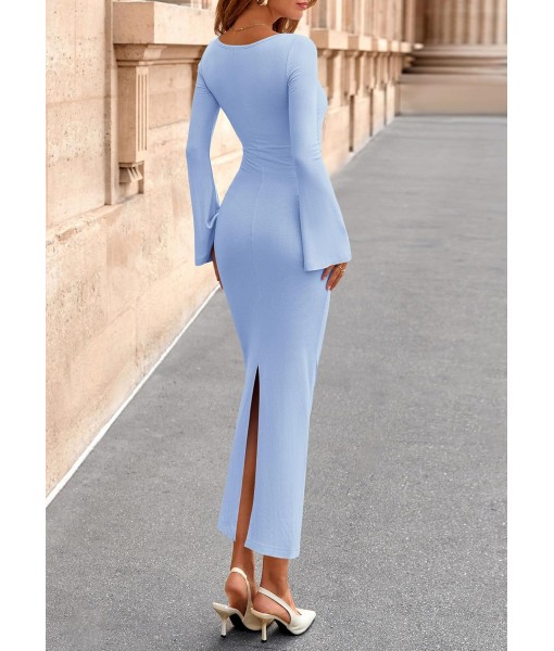 PRETTYGARDEN Maxi Dresses for Women 2025 Elegant Classy Fall Long Bell Sleeve Ruched Bodycon Fitted Cocktail Party Slit Dress