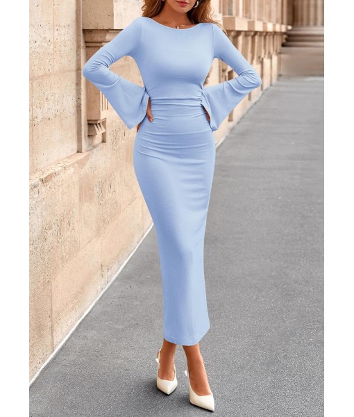 PRETTYGARDEN Maxi Dresses for Women 2025 Elegant Classy Fall Long Bell Sleeve Ruched Bodycon Fitted Cocktail Party Slit Dress