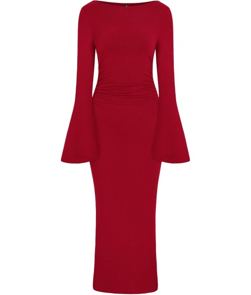 PRETTYGARDEN Maxi Dresses for Women 2025 Elegant Classy Fall Long Bell Sleeve Ruched Bodycon Fitted Cocktail Party Slit Dress