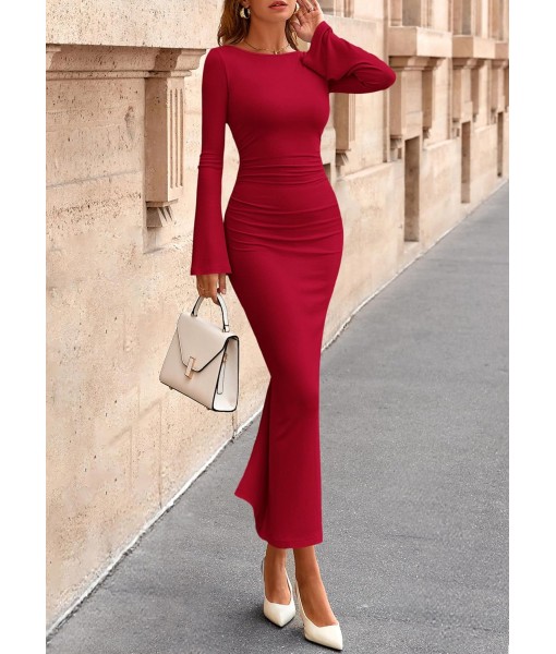 PRETTYGARDEN Maxi Dresses for Women 2025 Elegant Classy Fall Long Bell Sleeve Ruched Bodycon Fitted Cocktail Party Slit Dress