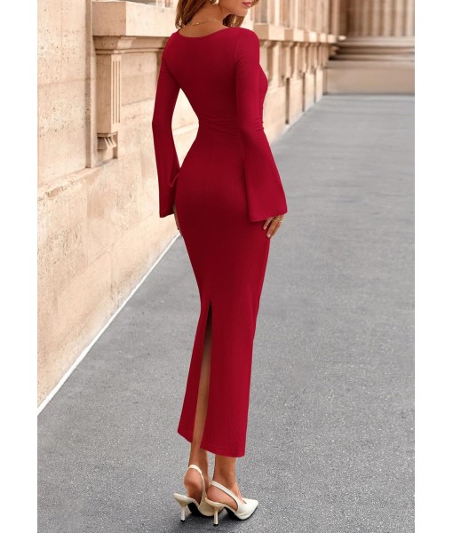 PRETTYGARDEN Maxi Dresses for Women 2025 Elegant Classy Fall Long Bell Sleeve Ruched Bodycon Fitted Cocktail Party Slit Dress