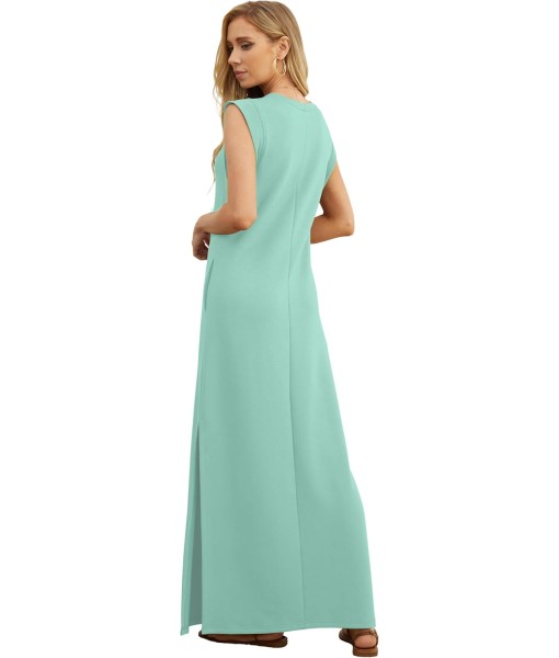 GRECERELLE 2025 Women Year-Round Casual Round Neck Loose Split Wrinkle-Free Long Maxi Vacation Dress with Pockets (XS-3XL)
