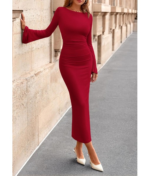 PRETTYGARDEN Maxi Dresses for Women 2025 Elegant Classy Fall Long Bell Sleeve Ruched Bodycon Fitted Cocktail Party Slit Dress