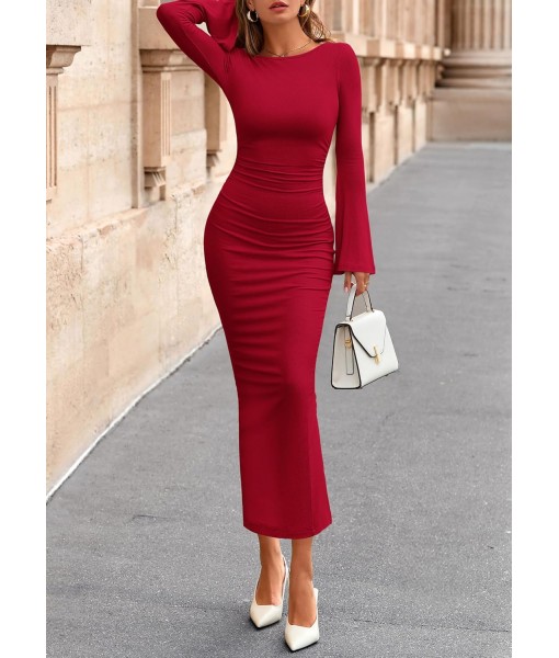 PRETTYGARDEN Maxi Dresses for Women 2025 Elegant Classy Fall Long Bell Sleeve Ruched Bodycon Fitted Cocktail Party Slit Dress